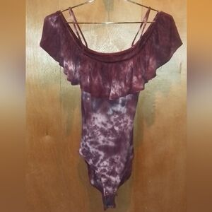 American Eagle Outfitters Maroon Tie-dyed Ruffled Bodysuit, Sz Small, NWOT